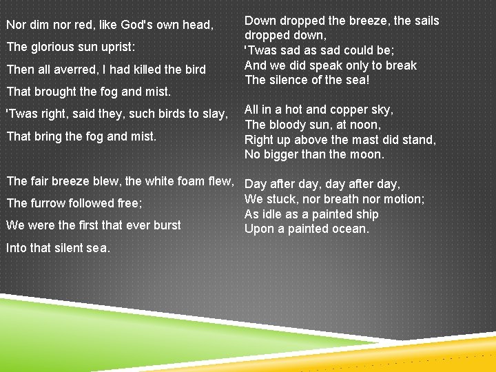 Nor dim nor red, like God's own head, The glorious sun uprist: Then all