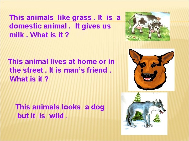 . This animals like grass. It is a domestic animal. It gives us milk.