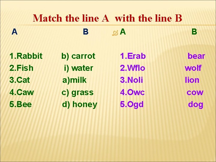 Match the line A with the line B A 1. Rabbit 2. Fish 3.