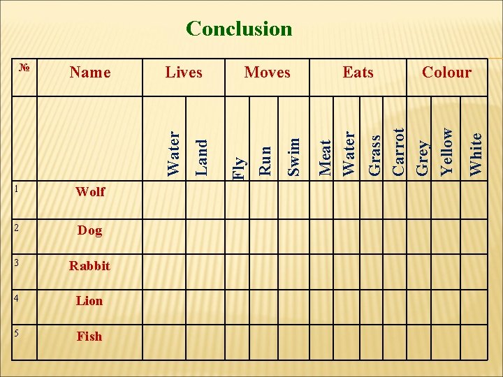 Conclusion 1 Wolf 2 Dog 3 Rabbit 4 Lion 5 Fish White Colour Grass