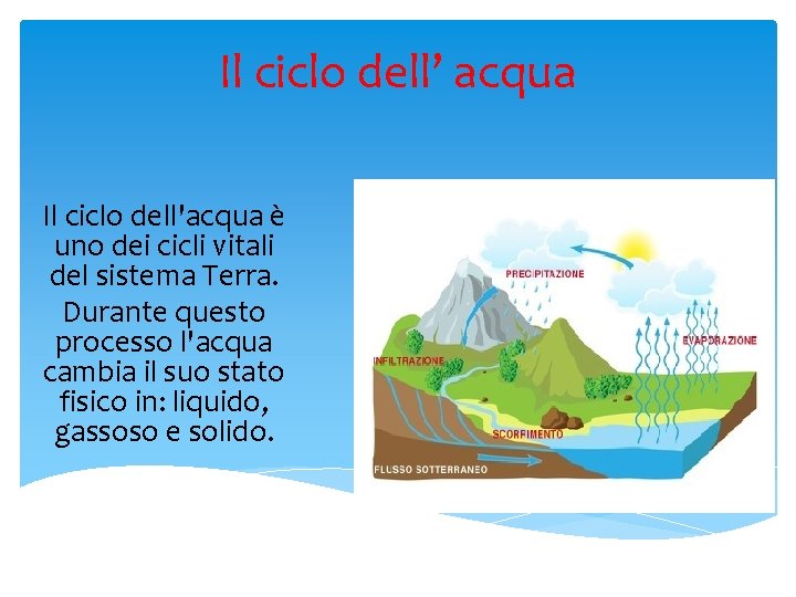 Il ciclo dell’ acqua Il ciclo dell'acqua è uno dei cicli vitali del sistema