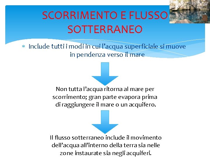 SCORRIMENTO E FLUSSO SOTTERRANEO Include tutti i modi in cui l’acqua superficiale si muove SCORRIMENTO E FLUSSO SOTTERRANEO Include tutti i modi in cui l’acqua superficiale si muove
