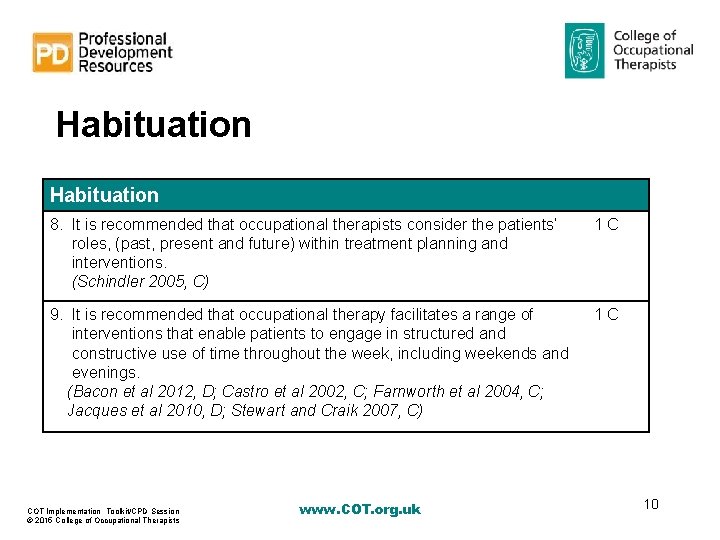 Habituation 8. It is recommended that occupational therapists consider the patients’ roles, (past, present