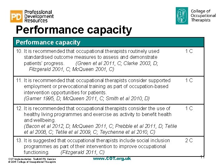 Performance capacity 10. It is recommended that occupational therapists routinely used standardised outcome measures