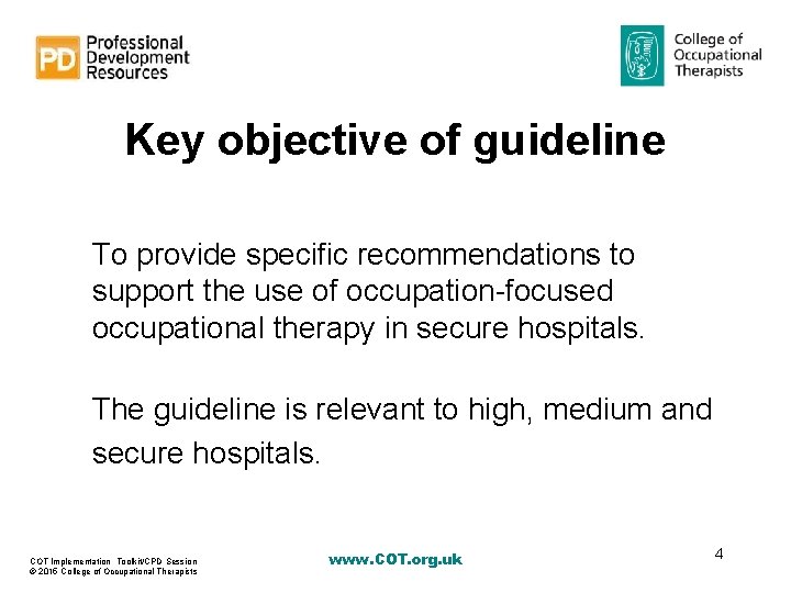 Key objective of guideline To provide specific recommendations to support the use of occupation-focused