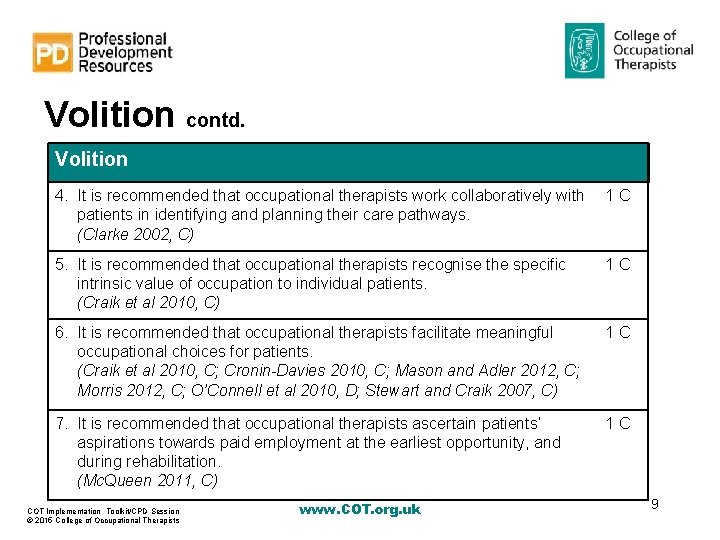 Volition contd. Volition 4. It is recommended that occupational therapists work collaboratively with patients