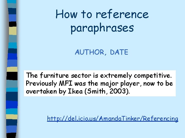 How to reference paraphrases AUTHOR, DATE The furniture sector is extremely competitive. Previously MFI