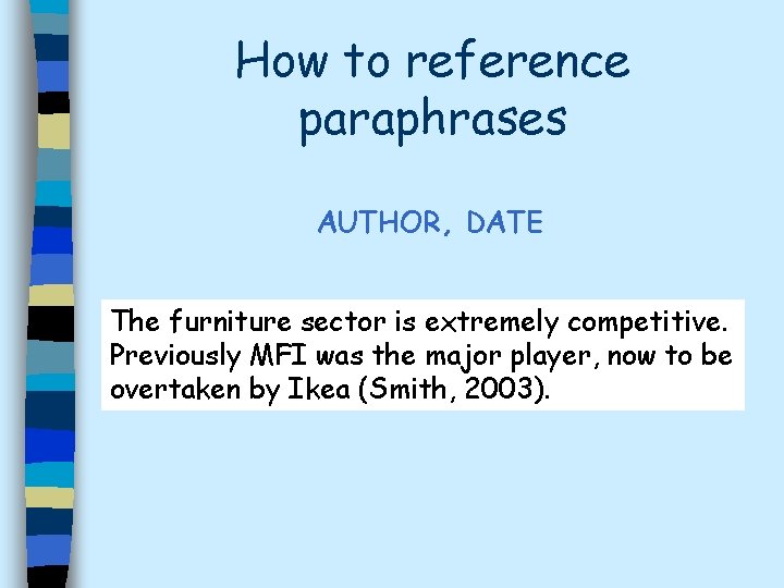 How to reference paraphrases AUTHOR, DATE The furniture sector is extremely competitive. Previously MFI