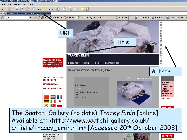 URL Title Author The Saatchi Gallery (no date) Tracey Emin [online] Available at: <http: