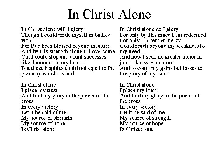 In Christ Alone In Christ alone will I glory Though I could pride myself