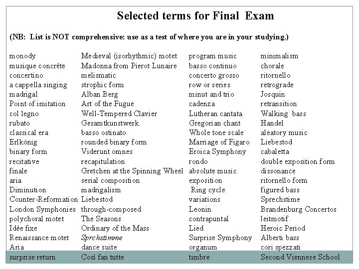 Selected terms for Final Exam (NB: List is NOT comprehensive: use as a test
