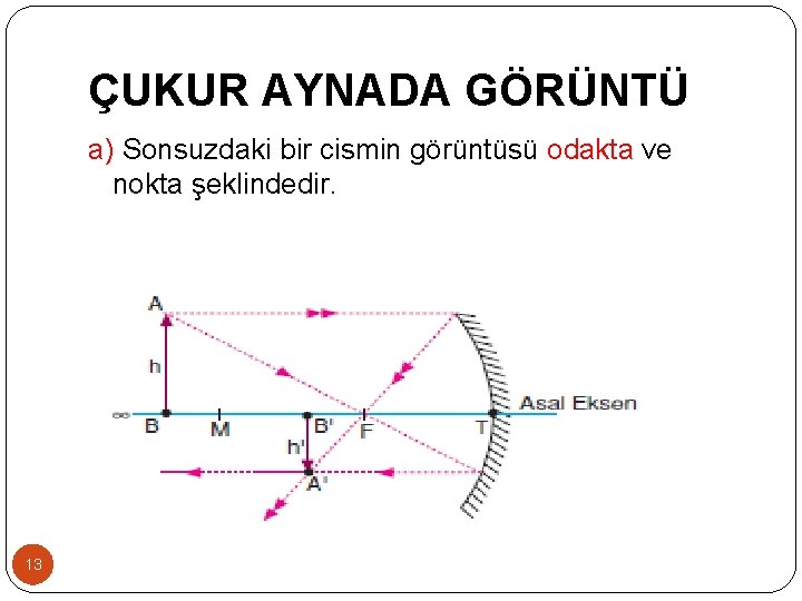 ÇUKUR AYNADA GÖRÜNTÜ a) Sonsuzdaki bir cismin görüntüsü odakta ve nokta şeklindedir. 13 