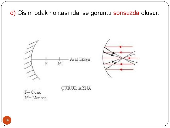 d) Cisim odak noktasında ise görüntü sonsuzda oluşur. 16 