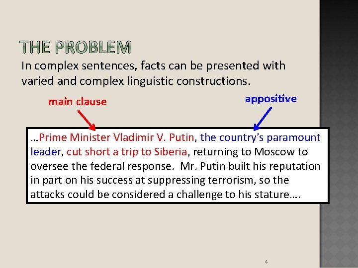 In complex sentences, facts can be presented with varied and complex linguistic constructions. main In complex sentences, facts can be presented with varied and complex linguistic constructions. main