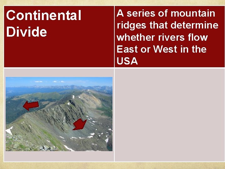 Continental Divide A series of mountain ridges that determine whether rivers flow East or