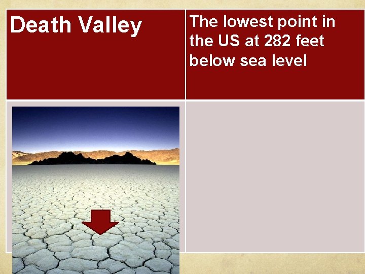 Death Valley The lowest point in the US at 282 feet below sea level