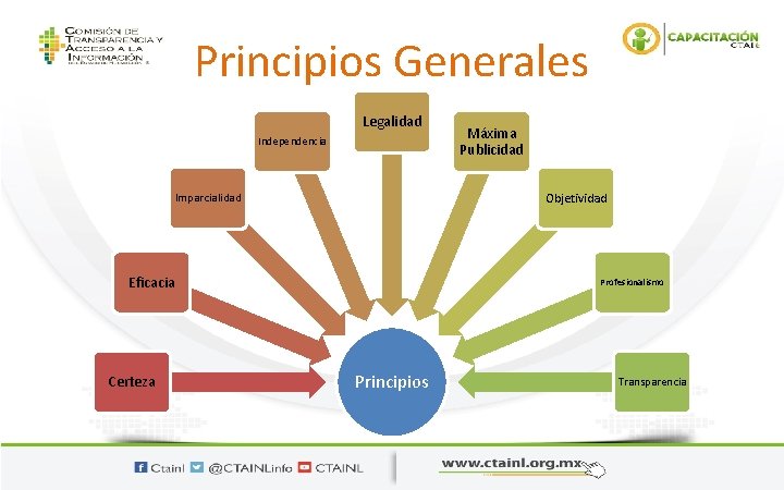 Principios Generales Legalidad Independencia Objetividad Imparcialidad Eficacia Certeza Máxima Publicidad Profesionalismo Principios Transparencia 