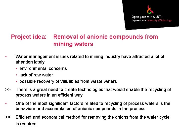 Project idea: Removal of anionic compounds from mining waters • Water management issues related