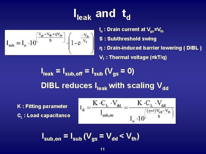 Ileak and td Io : Drain current at Vgs=Vth S : Subthreshold swing η