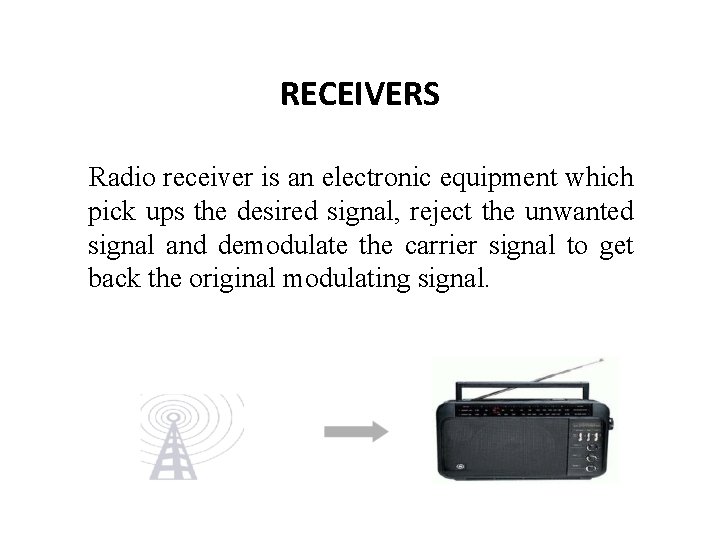 RECEIVERS Radio receiver is an electronic equipment which pick ups the desired signal, reject