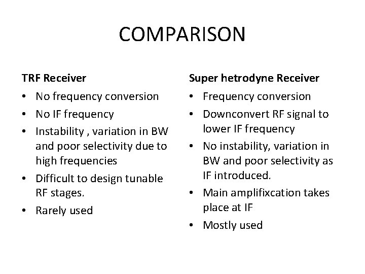 COMPARISON TRF Receiver Super hetrodyne Receiver • No frequency conversion • No IF frequency