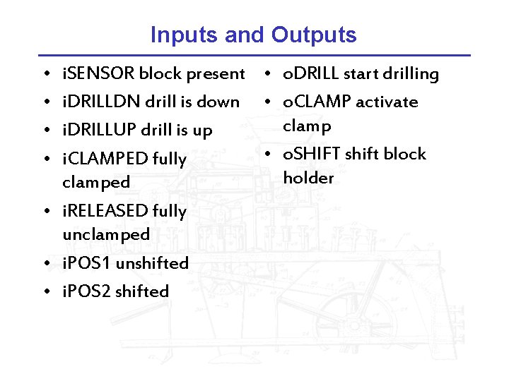 Inputs and Outputs • • i. SENSOR block present • o. DRILL start drilling