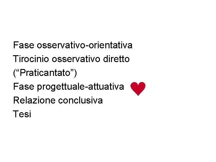 Fase osservativo-orientativa Tirocinio osservativo diretto (“Praticantato”) Fase progettuale-attuativa Relazione conclusiva Tesi 