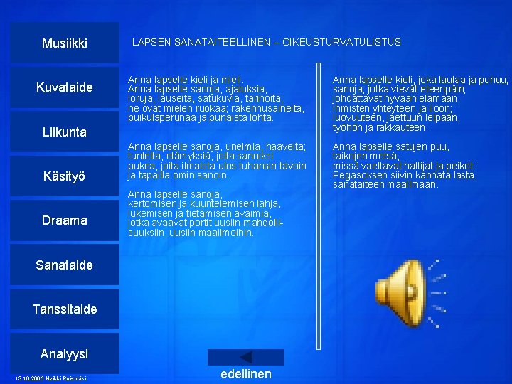 Musiikki Kuvataide Liikunta Käsityö Draama LAPSEN SANATAITEELLINEN – OIKEUSTURVATULISTUS Anna lapselle kieli ja mieli.