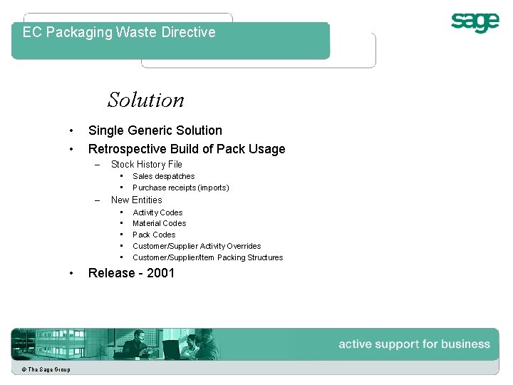 EC Packaging Waste Directive Solution • • Single Generic Solution Retrospective Build of Pack