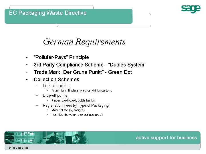 EC Packaging Waste Directive German Requirements • • “Polluter-Pays” Principle 3 rd Party Compliance