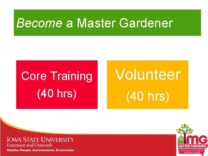 Become a Master Gardener Core Training (40 hrs) Volunteer (40 hrs) 