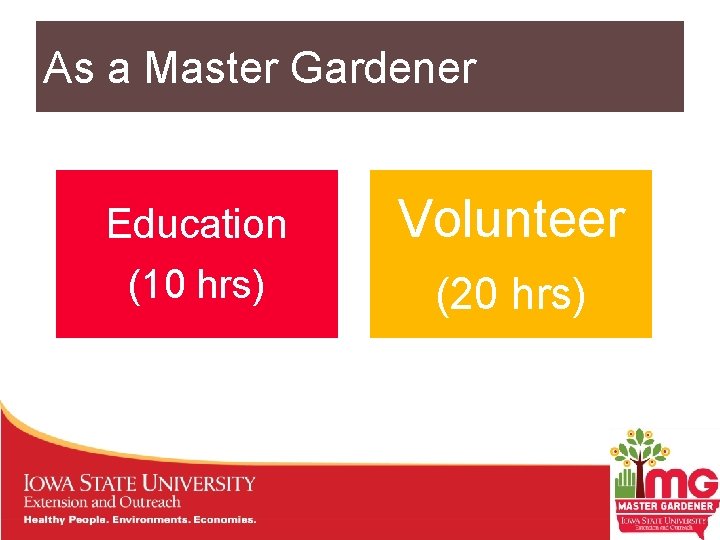 As a Master Gardener Education (10 hrs) Volunteer (20 hrs) 