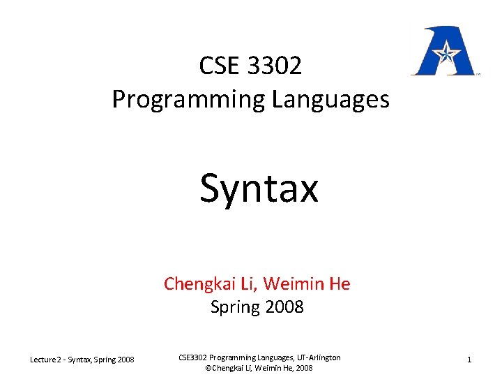 CSE 3302 Programming Languages Syntax Chengkai Li, Weimin He Spring 2008 Lecture 2 -