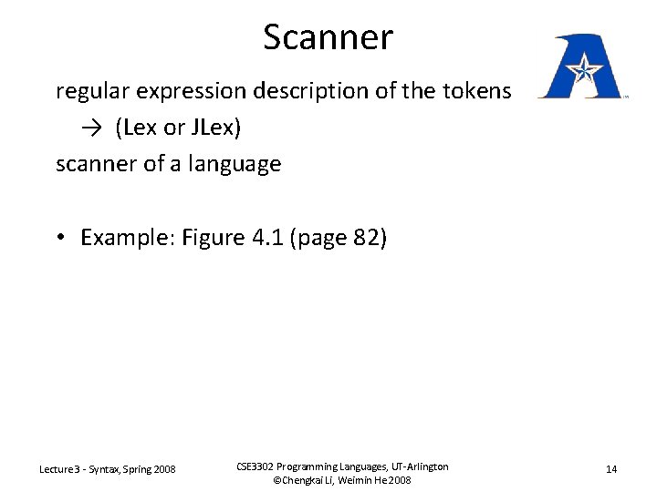 Scanner regular expression description of the tokens → (Lex or JLex) scanner of a