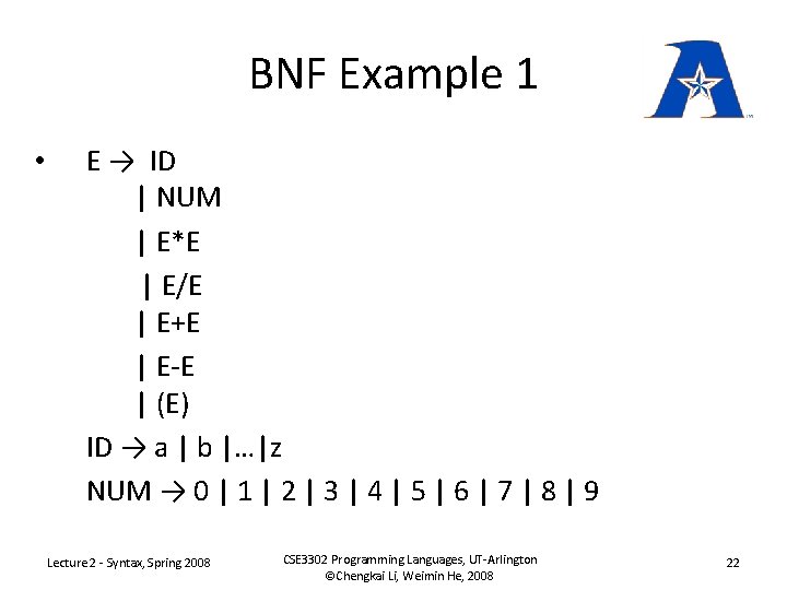 BNF Example 1 • E → ID | NUM | E*E | E/E |