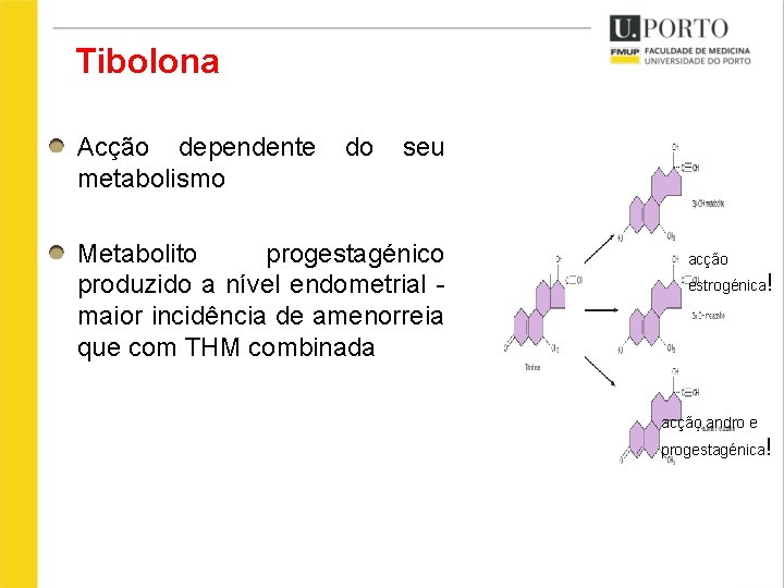 Tibolona Acção dependente metabolismo do seu Metabolito progestagénico produzido a nível endometrial maior incidência