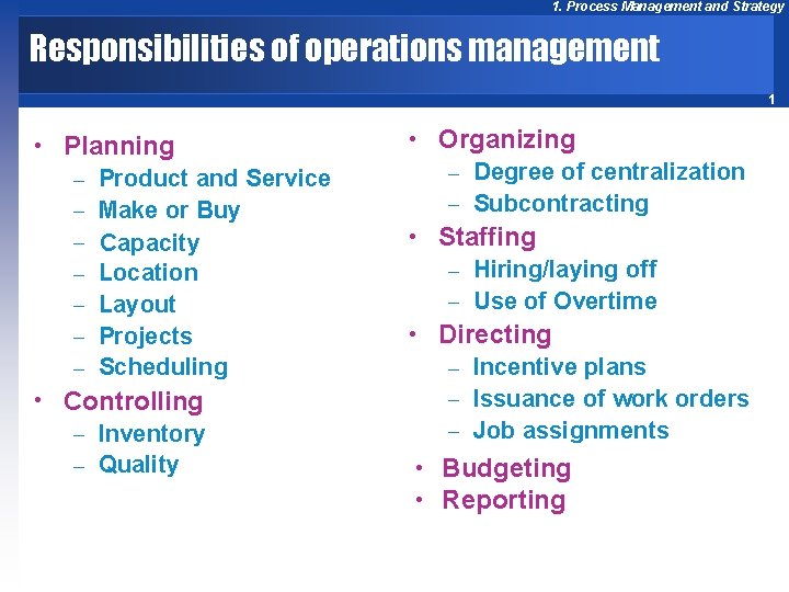 1. Process Management and Strategy Responsibilities of operations management 1 • Planning – Product