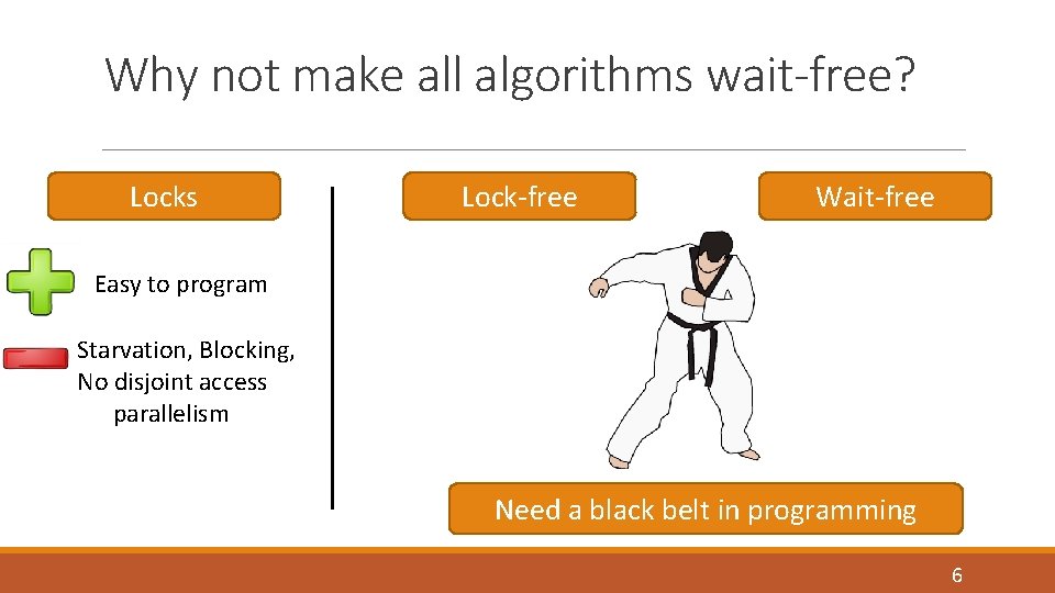 Why not make all algorithms wait-free? Locks Lock-free Wait-free Easy to program Starvation, Blocking,
