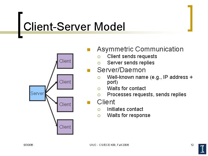 Client-Server Model n Asymmetric Communication ¡ Client ¡ n Server/Daemon ¡ Client ¡ Server