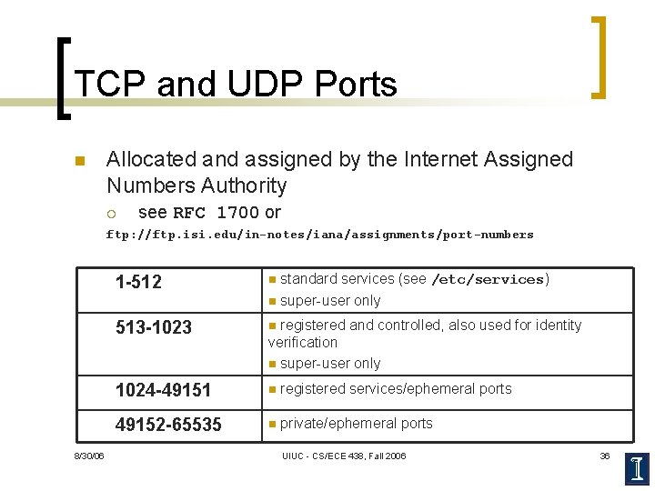 TCP and UDP Ports n Allocated and assigned by the Internet Assigned Numbers Authority