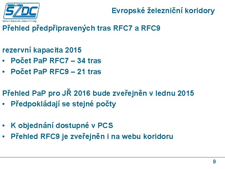 Evropské železniční koridory Přehled předpřipravených tras RFC 7 a RFC 9 rezervní kapacita 2015