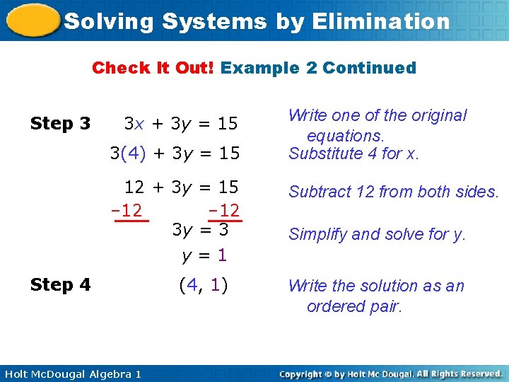 Solving Systems by Elimination Check It Out! Example 2 Continued Step 3 3 x