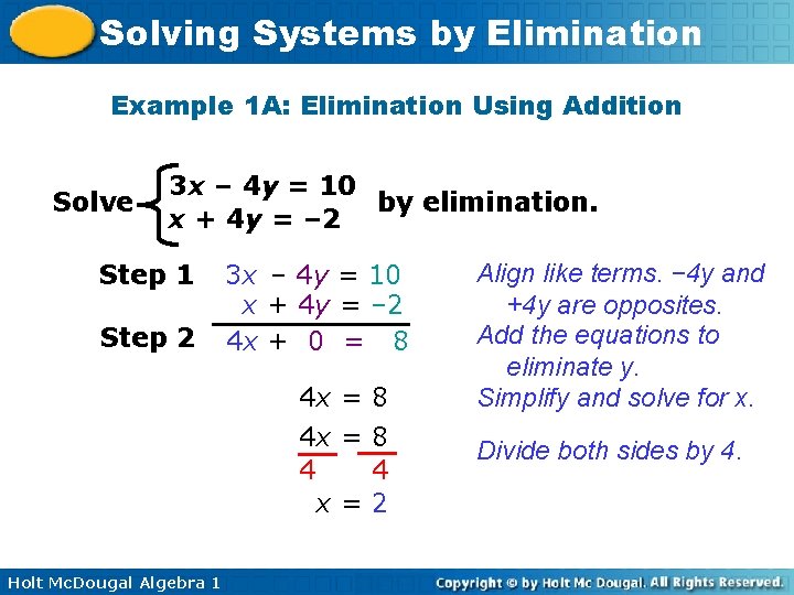 Solving Systems by Elimination Example 1 A: Elimination Using Addition Solve 3 x –