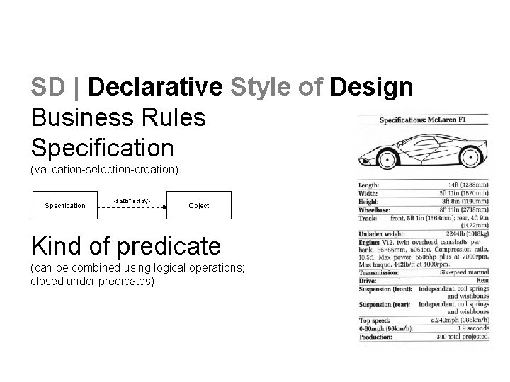 SD | Declarative Style of Design Business Rules Specification (validation-selection-creation) Specification {satisfied by} Object