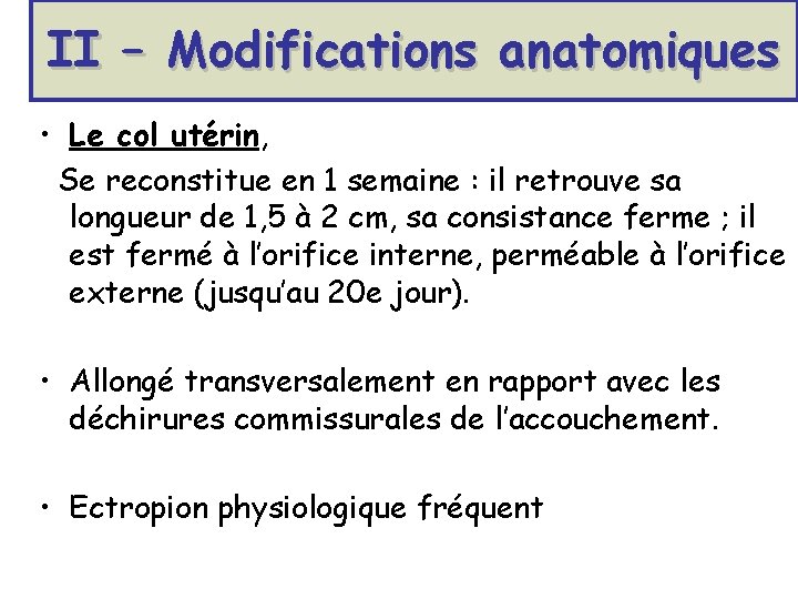 II – Modifications anatomiques • Le col utérin, Se reconstitue en 1 semaine :