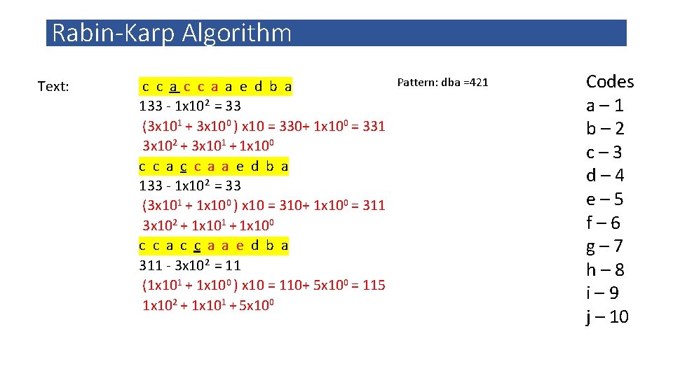 Rabin-Karp Algorithm Text: Pattern: dba =421 c c a a e d b a