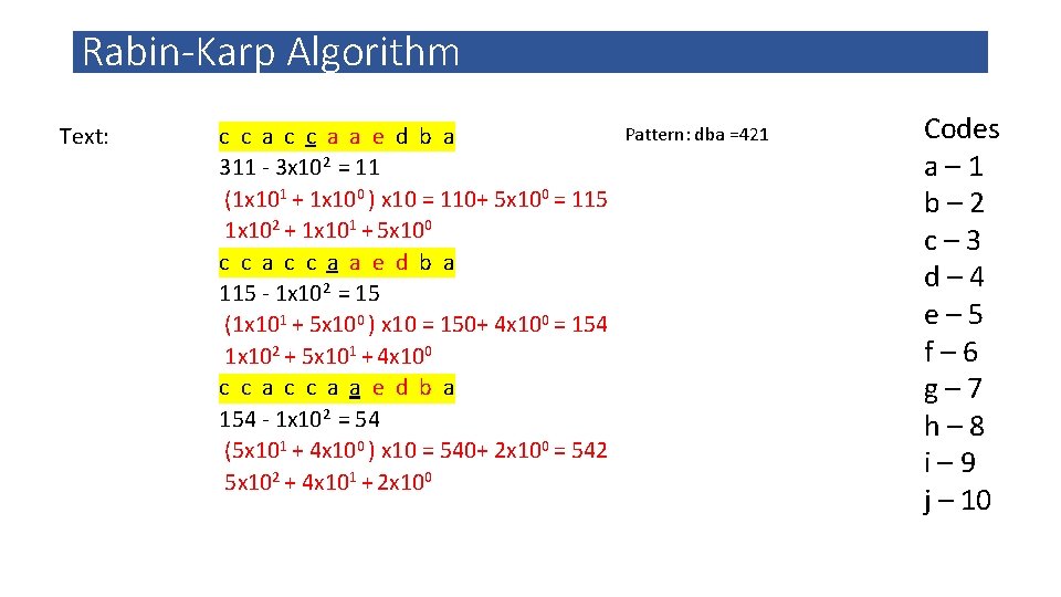 Rabin-Karp Algorithm Text: Pattern: dba =421 c c a a e d b a