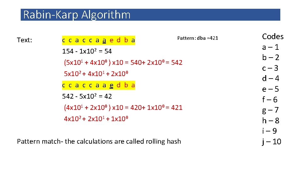 Rabin-Karp Algorithm Text: Pattern: dba =421 c c a a e d b a