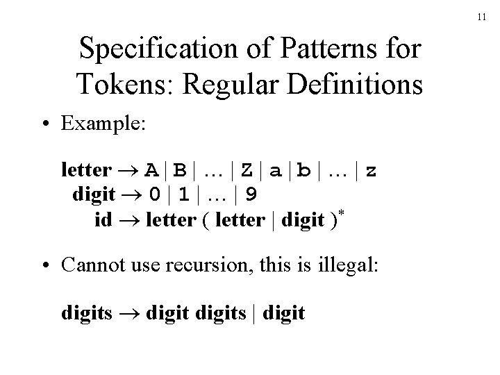 11 Specification of Patterns for Tokens: Regular Definitions • Example: letter A | B