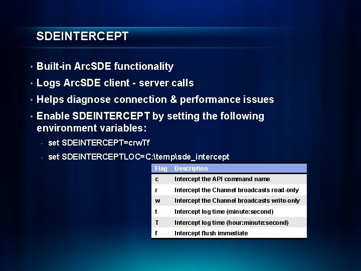 SDEINTERCEPT • Built-in Arc. SDE functionality • Logs Arc. SDE client - server calls